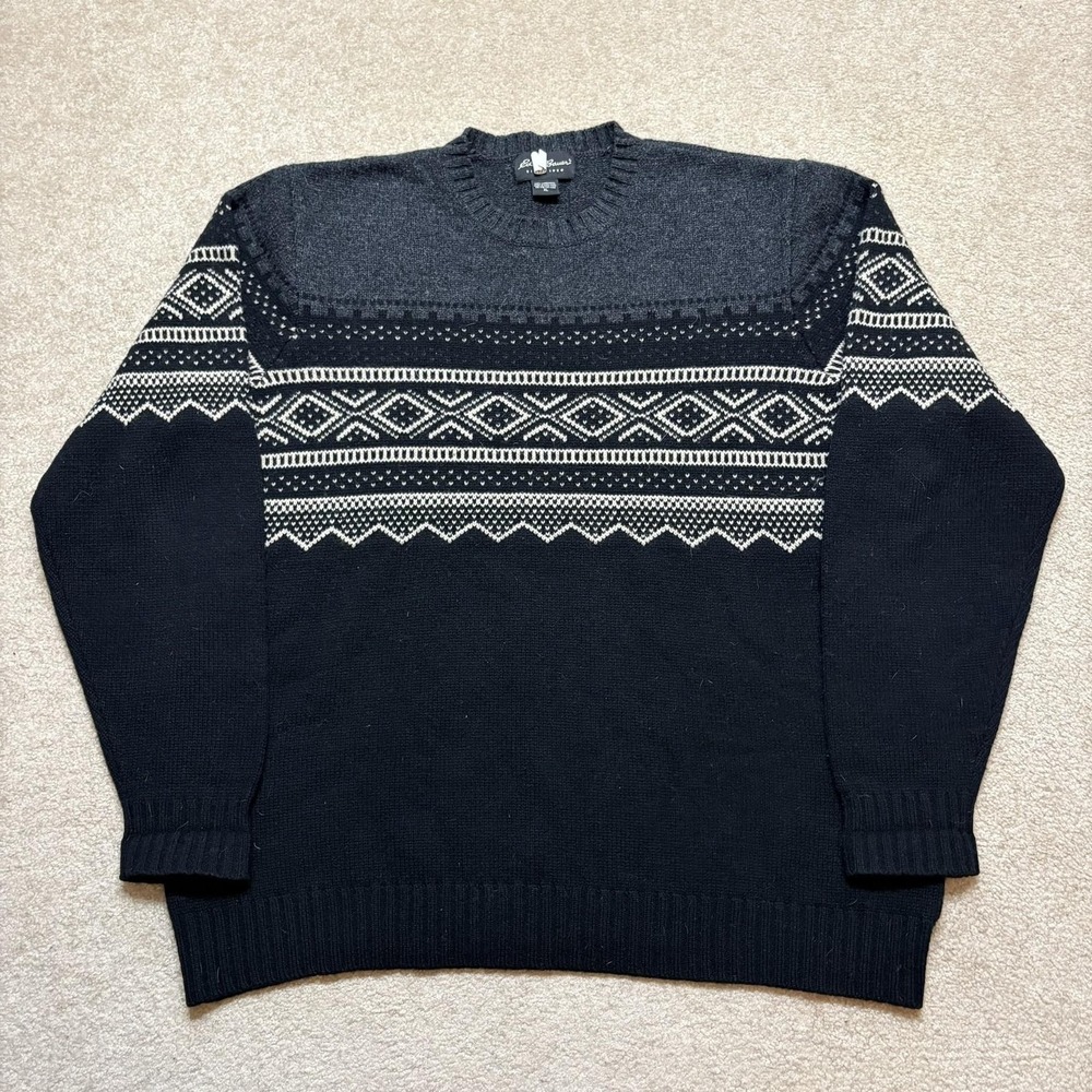 Vtg Eddie Bauer Sweater XL Black Lambswool Fair Isle Ski Crewneck Pullover 90s